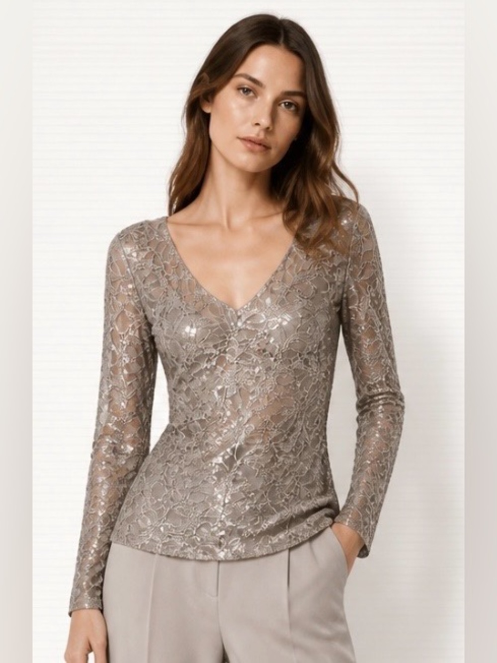 BOSTON PROPER Blouse Top Sequined Lace Clingy Empire Evening Stretch